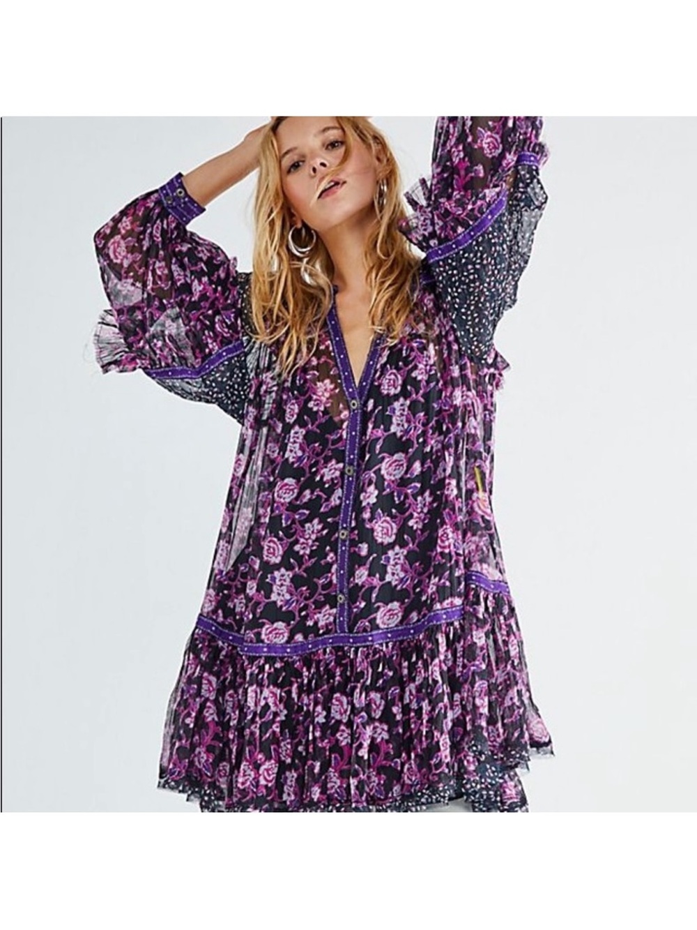Free People Rose Bud Boho Violet Floral V-Neck Peasant Tunic Top - Picture 4 of 9
